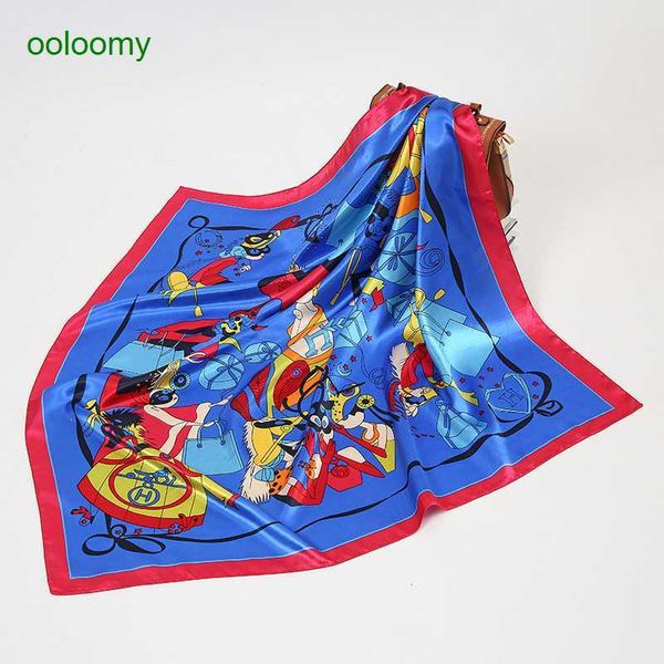 Hemres Designer Scarves Gaohe Fashion h Home Cartoon Graffiti Print Women&#039;s Silk 90cm Square Scarf