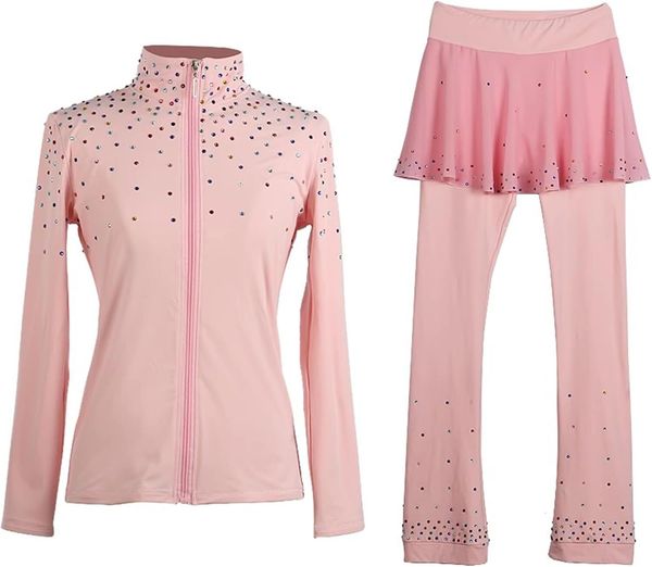 Girls&#039; Ice Figure Skating Training Set with Colorful Diamond Plush Advanced Skating Training Clothes, Suitable for Young Skaters, Pink