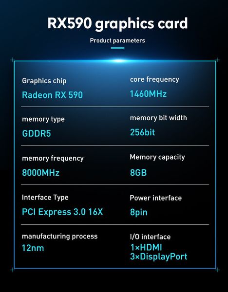 JIESHUO RX 590 8GB 2304SP GME Video graphics card GDDR5 GPU 256Bit AMD rx590 8g for computer board games Office Mining 590 RX