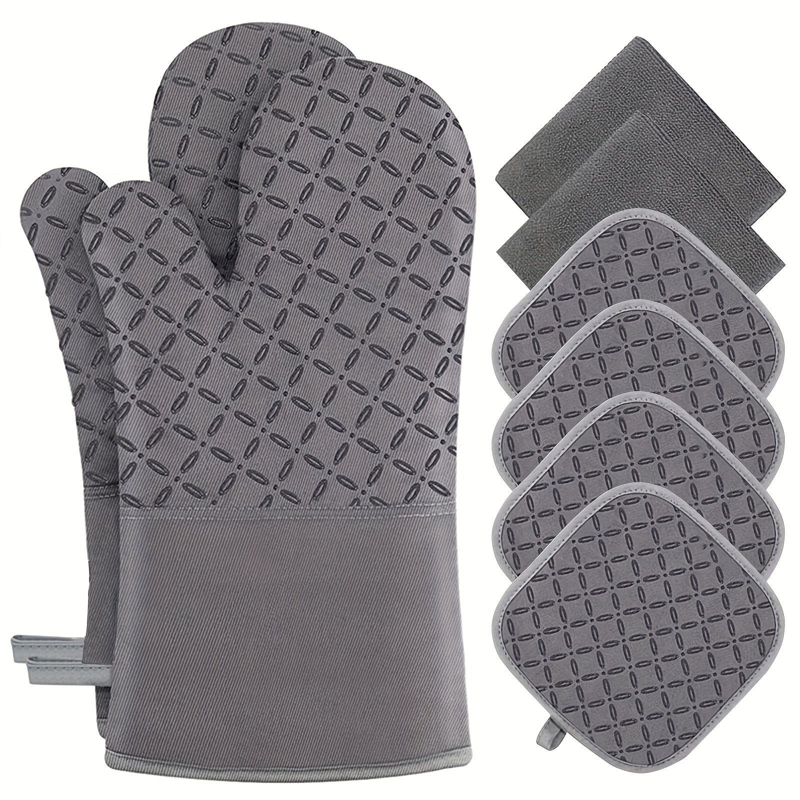 TEMU 8-4 Set Of Gray Oven Mitts And Pot Holders, Insulated, Extra Long, High Temperature Resistant, Dish Cloth + Pot Holders, Non-slip Silicone