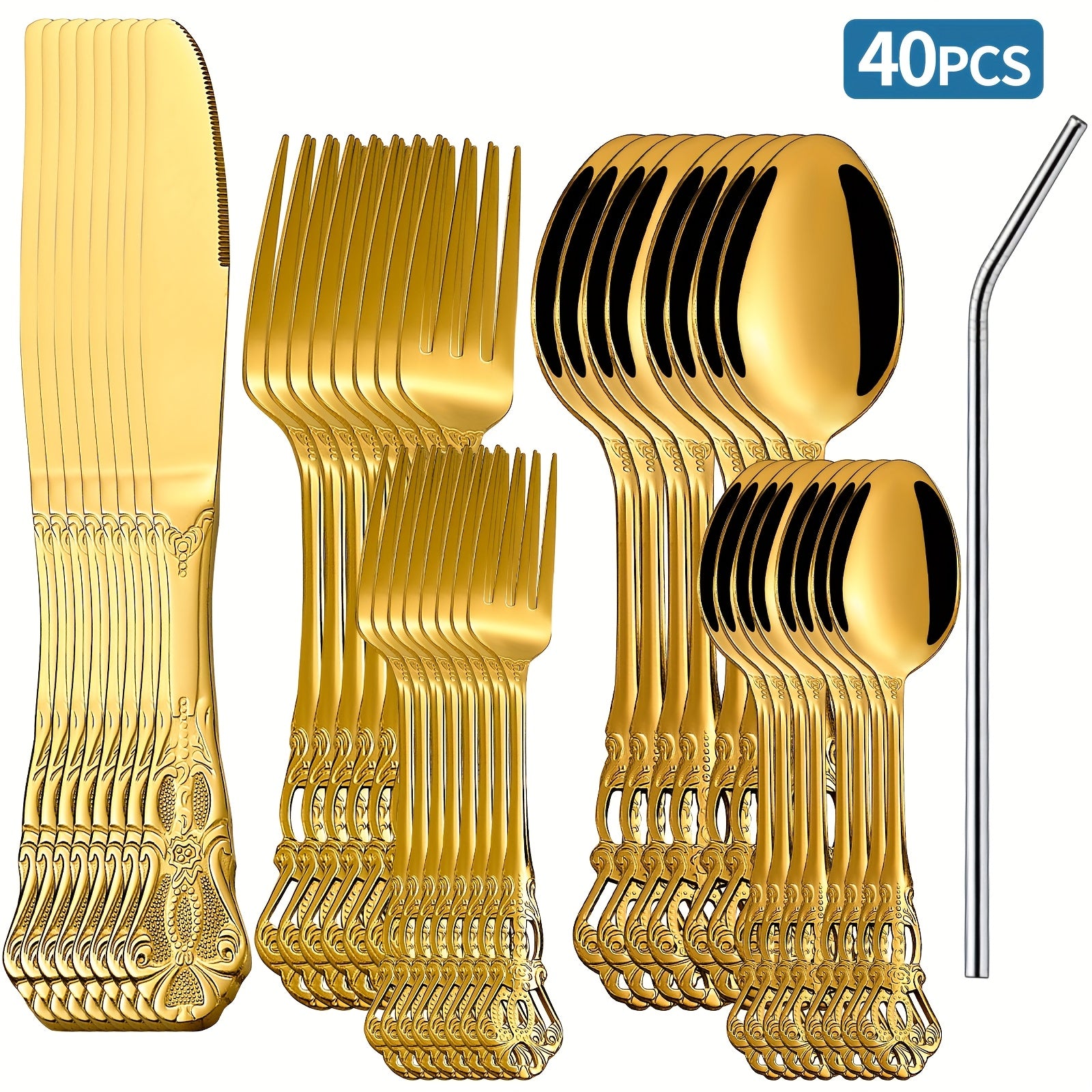 TEMU 40pcs Premium Stainless Steel Cutlery Set - Elegant Retro Hollowed-out Design With Golden Finish, Heavy-duty Polished Utensils (steak Knives,