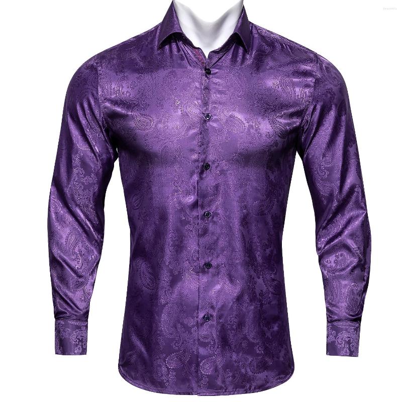 Men&#039;s Dress Shirts Barry.Wang 4XL Luxury Purple Paisley Silk Men Long Sleeve Casual Flower For Designer Fit Shirt BY-0074