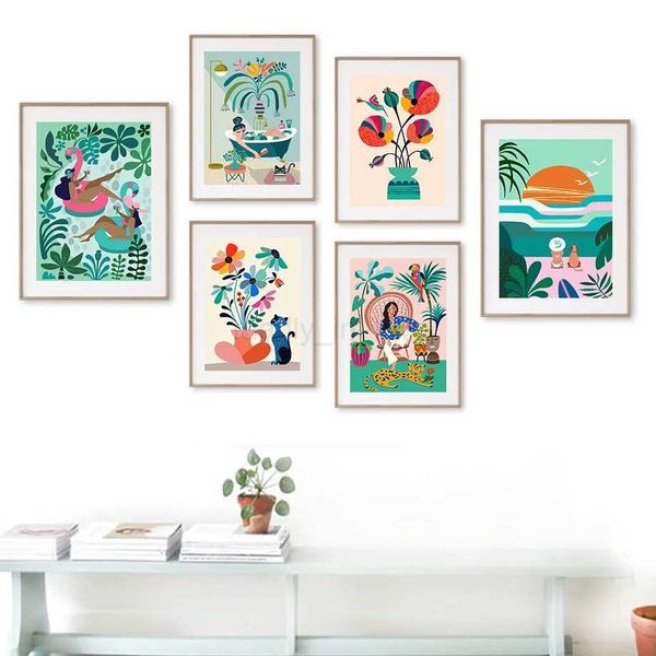 Abstract Tropical Plants Cat Girl Wall Art Canvas Painting Nordic Posters And Prints Wall Pictures For Living Room Vintage DecorM240722