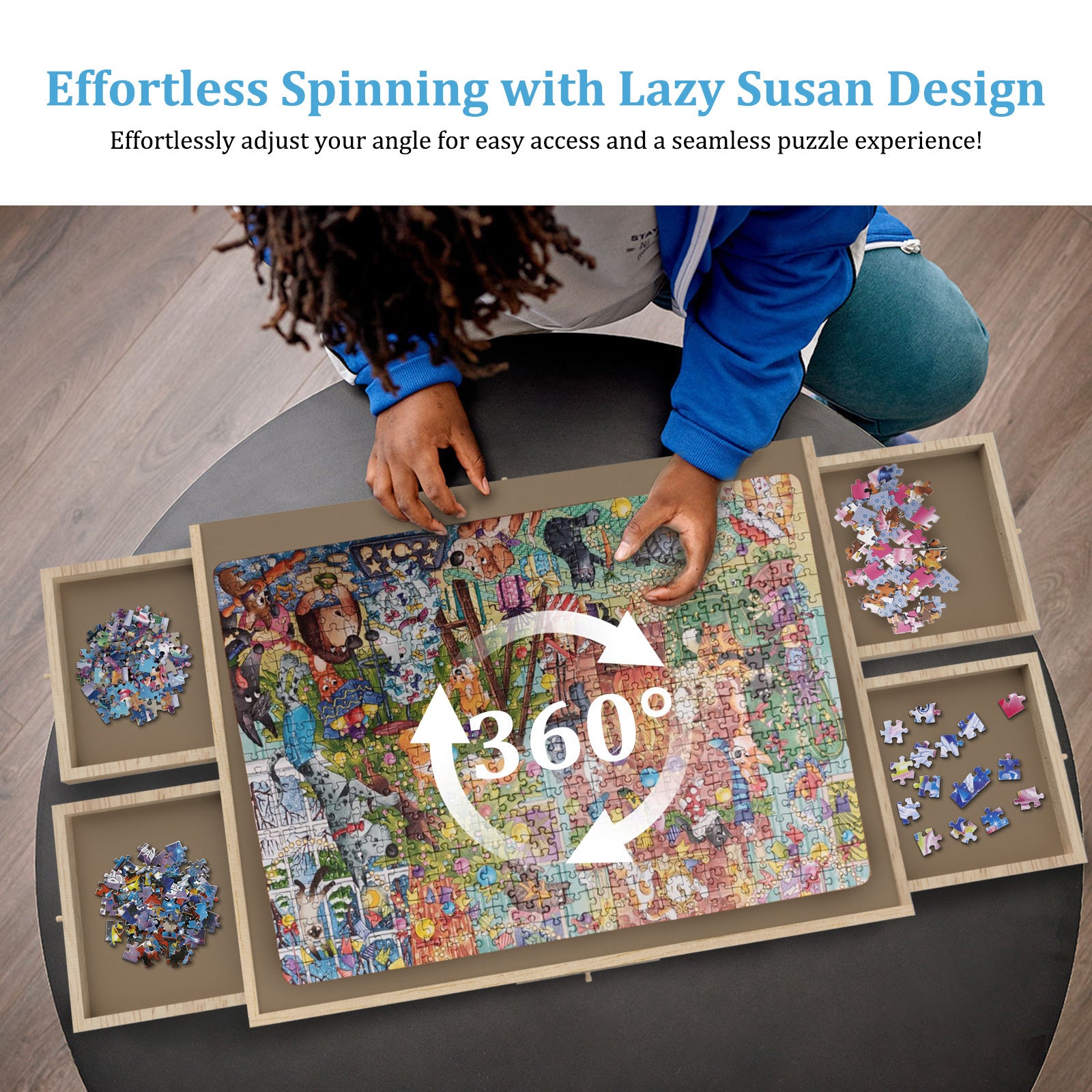 TEMU 1500-piece Wooden Puzzle Table With Storage Drawers & Rotating Board, 35"x27", Portable Jigsaw Organizer With Translucent Cover