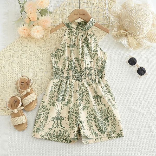 Summer Baby Girls Clothing Sleeveless Elastic Waist Jumpsuits Printed Hanging Neck Rompers Kids Fashion Clothes 241230