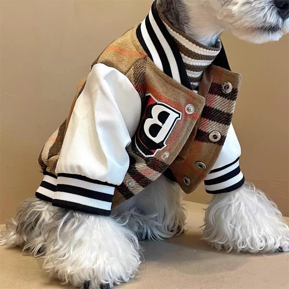 Plaid Baseball Dog Jacket – Sporty and Stylish Outerwear for Dogs, Fleece baseball jacket - S