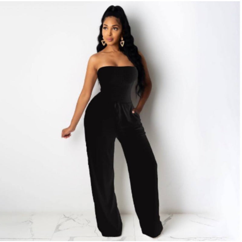 (705) New European and American Solid Color Chest-wrapped Loose Women&#039;s Jumpsuit