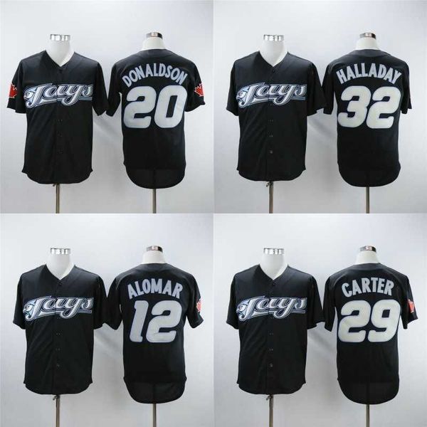 CUSTOM Mens Toronto Jersey 12 Roberto Alomar 20 Josh Donaldson 29 Joe Carter 32 Roy Halladay 2008 Retro Black Baseball Jerseys