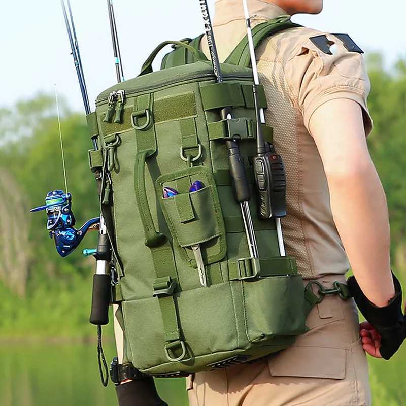 Tactical Fishing Backpack Tackle Bag with Rod Holders Fish Equipment Storage Molle Camping Hiking Outdoor Multifunctional Bag R250513