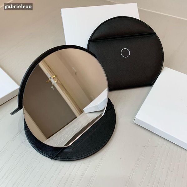 Designer Black Round Mirror Classic Logo Printed Folding Mirror Women&#039;s Portable Leather makeup mirror Travel Makeup Tool Diameter 13.5