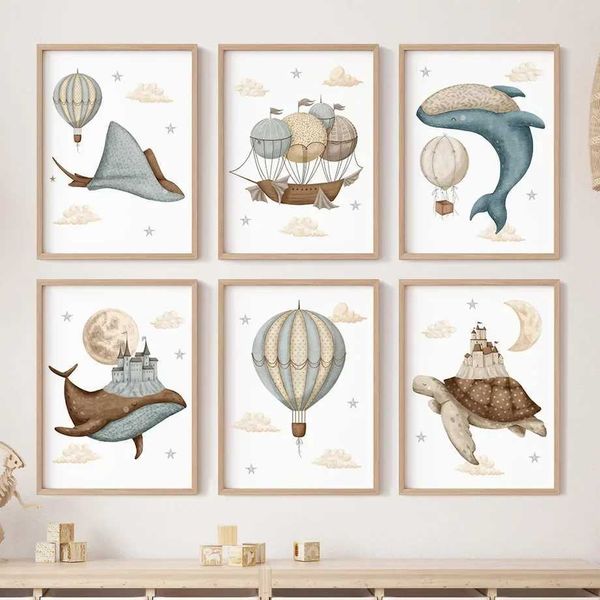 Whale Turtle Castle Balloon Nordic Nursery Wall Art Posters Art Prints Canvas Painting Pictures Baby Kids Room Home DecorationC250120