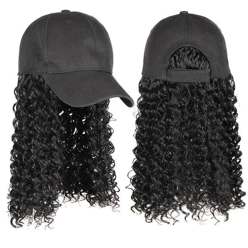 TEMU Women's Synthetic Curly Hair Wig With Baseball - Black Hat & Stylish Afro For Casual Attire, Hair And Hat Attachment, Casual Outfit Accessory,