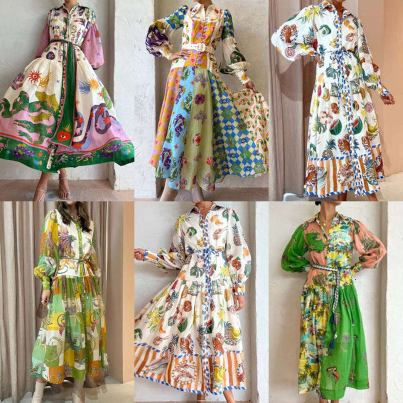 Australian Elegant Maxi Dresses 2025 Spring Women Designer Clothing Retro Printed Style Loose Shirt Long Dress