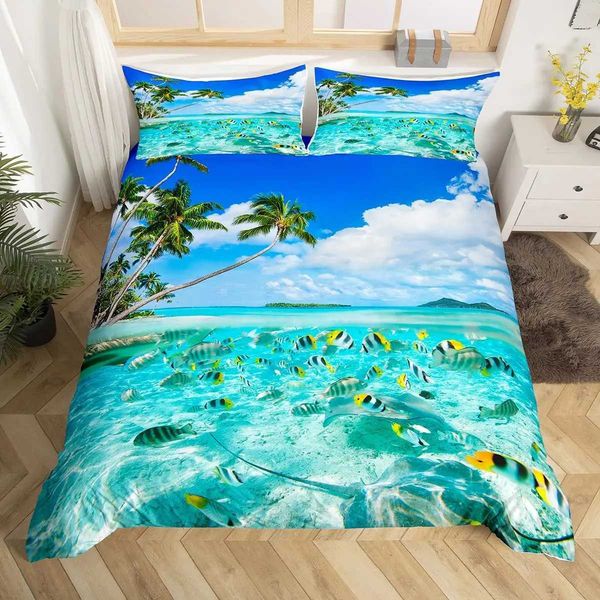 Bedding sets Summer Beach Duvet Cover Set Queen Ocean Bedding Set Hawaiian Palm Trees Marine Life Sea Waves Fish Printed Comforter Cover Set