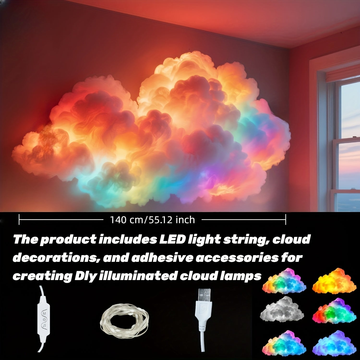 TEMU 1-pack Ajk Rgb Cloud Lamp - Usb-powered Rgb Lighting With Changing Effects, Night Light For Bedroom, Gaming Room, Party Decor - Modern Ambient