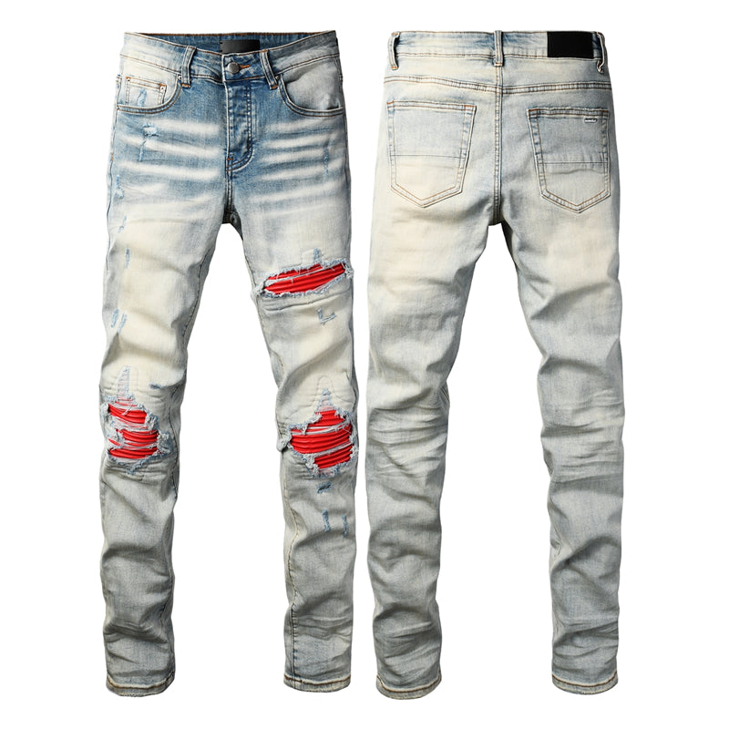 Elastic Waistband High-Rise Distressed Blue Jeans - Trendsetting Male Attire