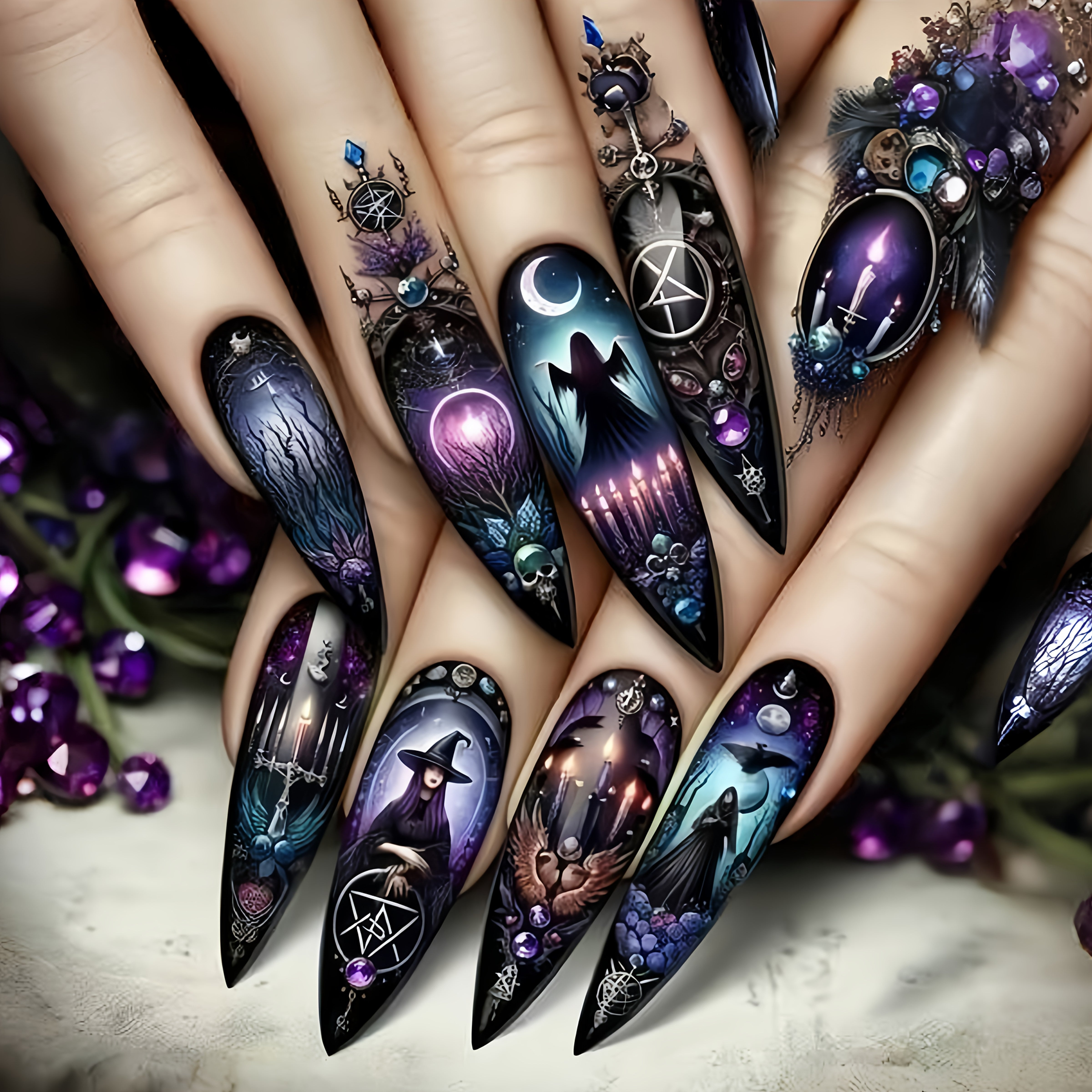 TEMU 24pcs Gothic Press-on Fake Nails With & Moon Art For Halloween, Glossy Full Cover Extra Long Stiletto Shape, Mystical, Reusable, Removable