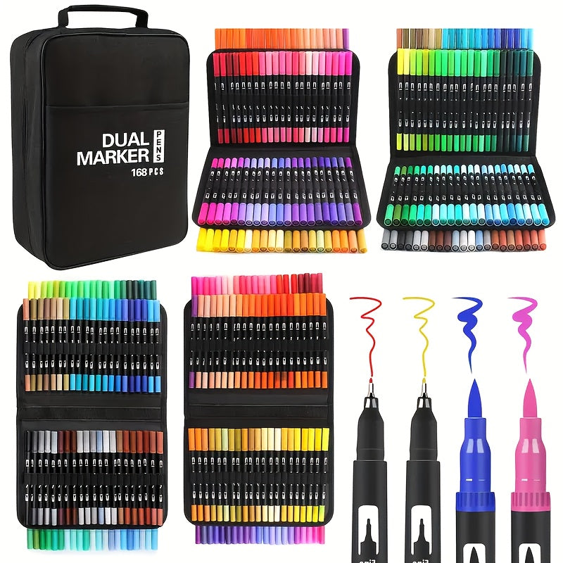 TEMU Halloween Gifts 168 Colors Dual Tip Brush Markers, Brush And Fineliner Coloring Brush Pens Set, Art Pen For Adults Coloring Books, Christmas