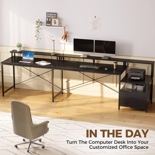 Rolanstar Computer Desk with File Drawer, 68&quot; L Shaped Computer Corner Desk with Power Outlet & LED Strip, Home Office Desk wit