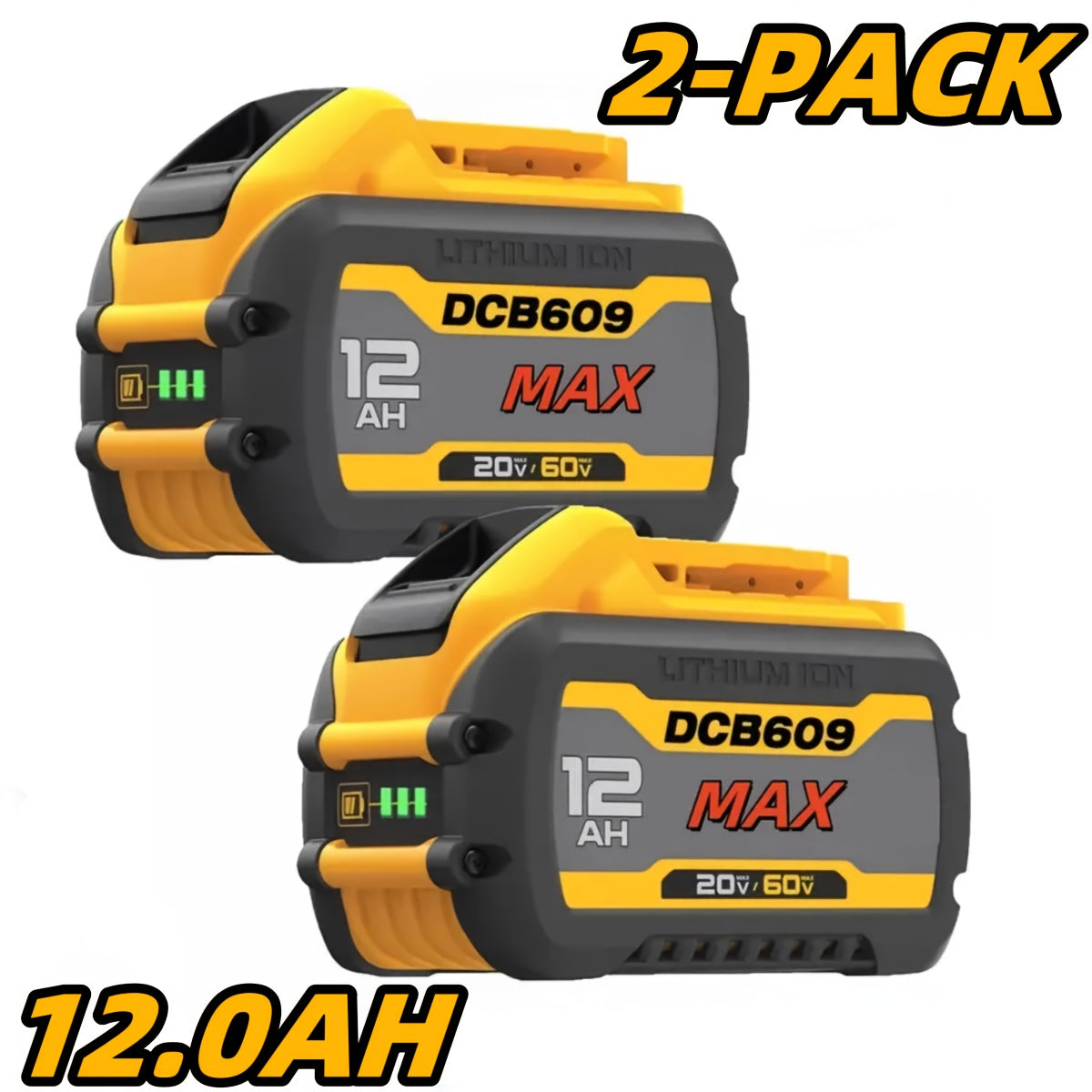 TEMU 1-2-4-pack For 12.0ah High-capacity Lithium-ion Battery, 20v-60v Max Cordless Power Tool Battery With Fast Charging, Long-lasting , For Drills,
