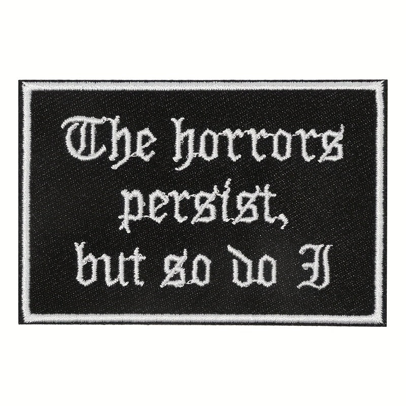 TEMU 1pc "the Horrors But " Gothic Humorous Embroidered Iron-on Patch - White & Black Badge For Jackets, Trucker Hats, Bags - Durable Sewing &