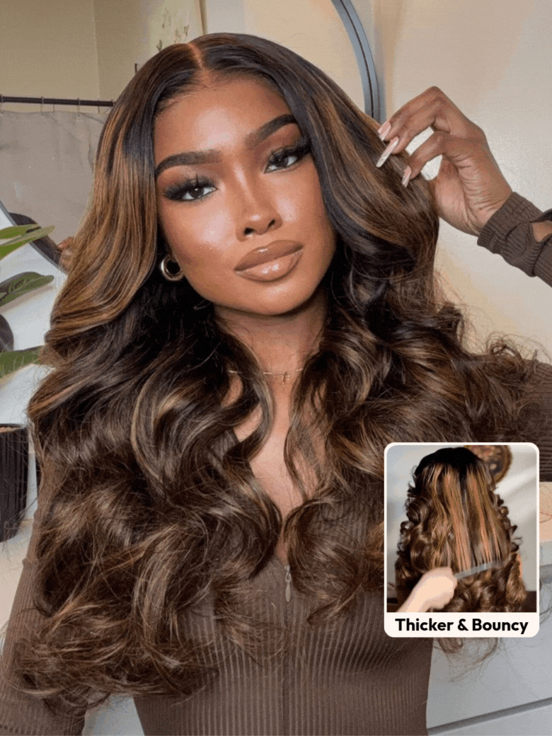 UNice 7x5 Bye Bye Knotsâ¢ Wig Glueless Lace Balayage Highlight Body Wave Drawstring Curtain Bangs Wig
