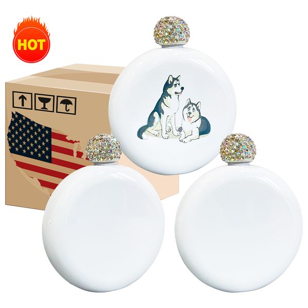 USA warehouse free shipping women White 5oz blank sublimation Stainless Steel round Circle Wine Liquor Whiskey hip Flask with Bling Rhinesto