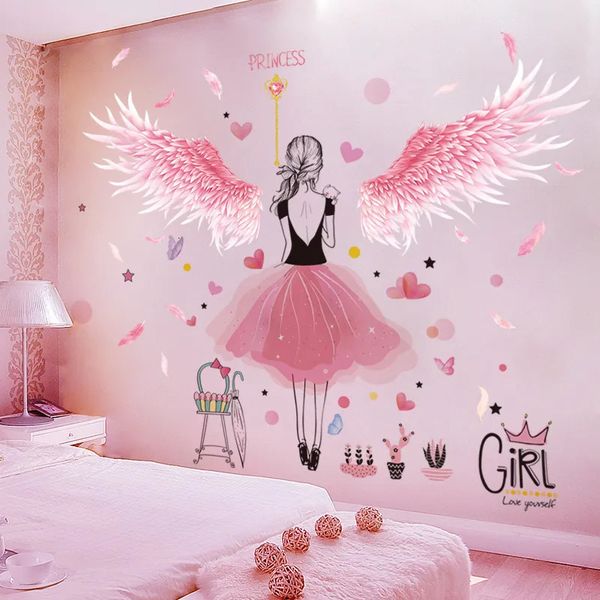 Wall Stickers Creative Pink Feathers Wings Wall Stickers DIY Cartoon Girl Wall Decals for Kids Rooms Kindergarten Nursery Home Decoration 23