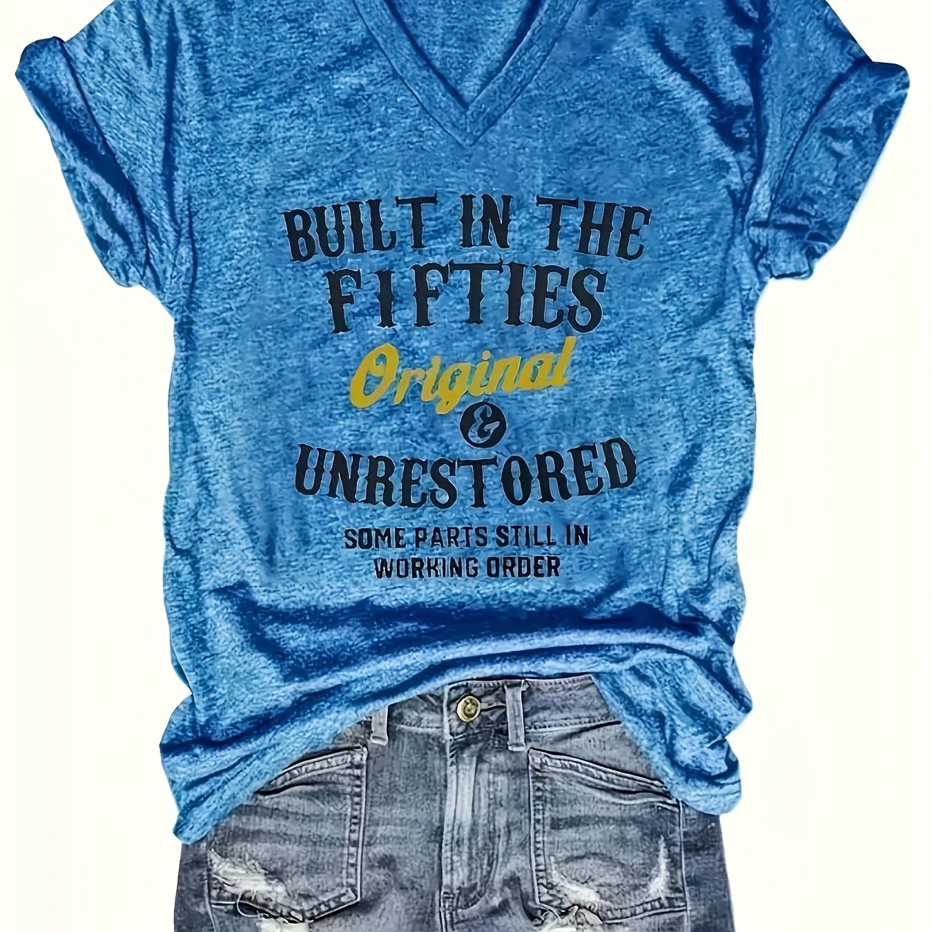 TEMU Women's Casual V-neck T-shirt, "built In The " Graphic Tee, Summer Knit Fabric Top With Slight Stretch, Polyester 60%, Rayon 35%, Spandex 5%,