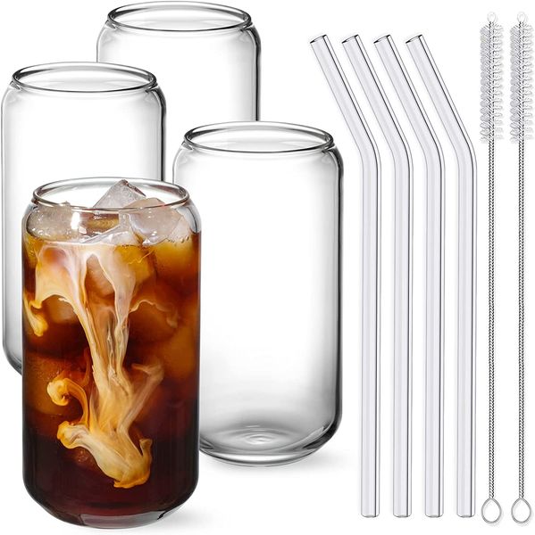 Glass Cup With Bamboo Lid and Straw Bubble Tea Cup Glasses Cups Transparent Beer Can Coffee Cup Cold Wine Cola
