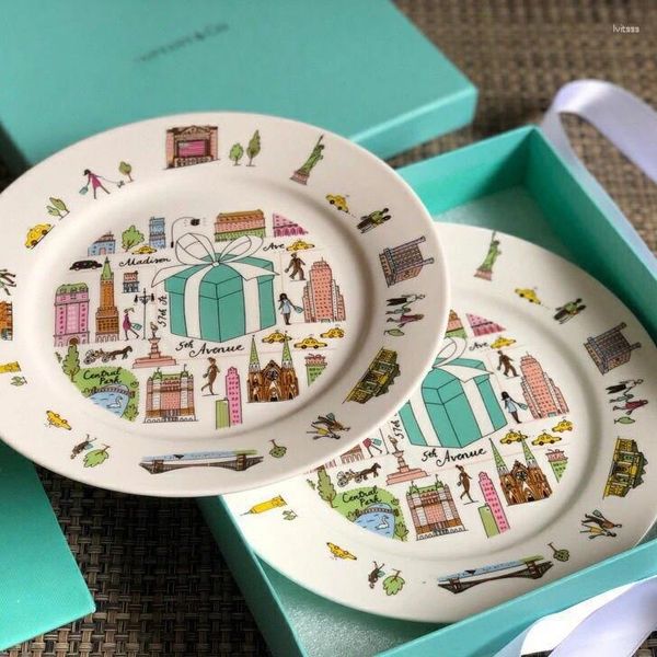 Plates Fifth Avenue Bone China Plate 2pcs Set Steak Western Breakfast Dinner Dishes Wedding Christmas Gift To Gish Box