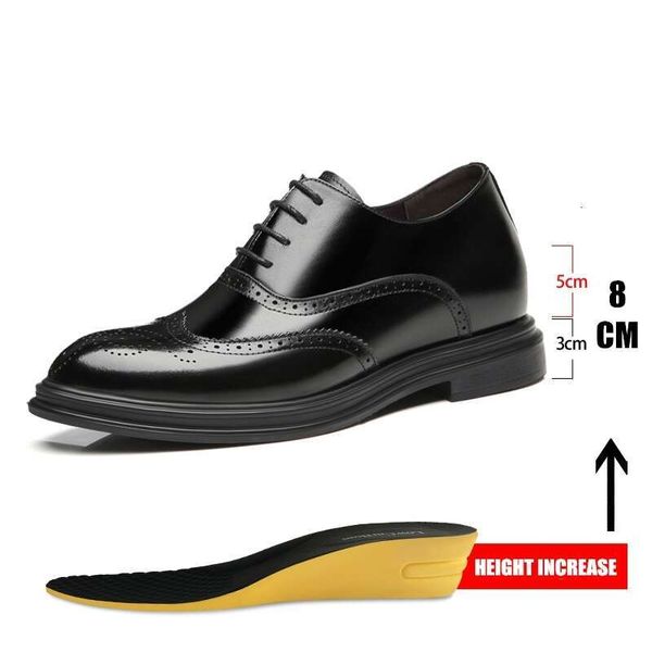 Platform High Heel 6-8 CM Height Increase Casual Men Brogue Genuine Leather Man Oxford Dress Elevator Formal Shoes