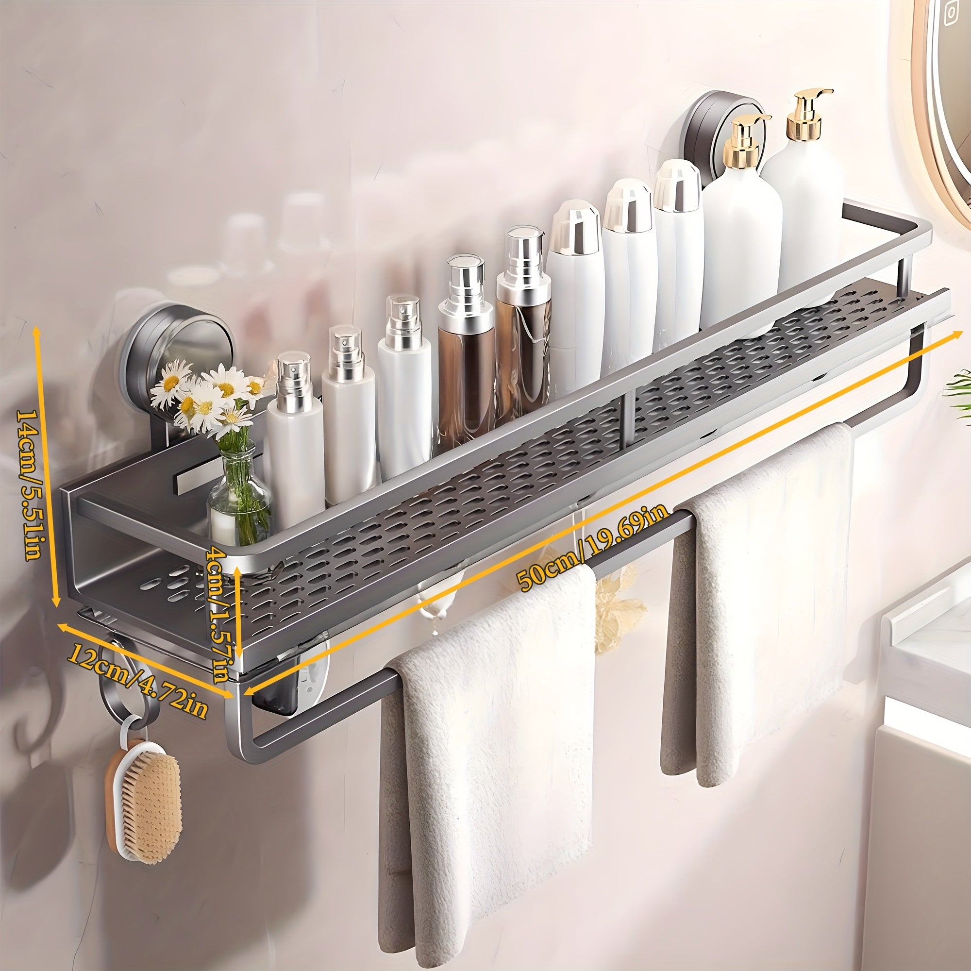 TEMU Easy-install Suction Cup Shower Caddy, Wall-mounted Organizer For Shampoo & Soap With Towel Holder, Heavy-duty Floating Shower Shelve For Shower