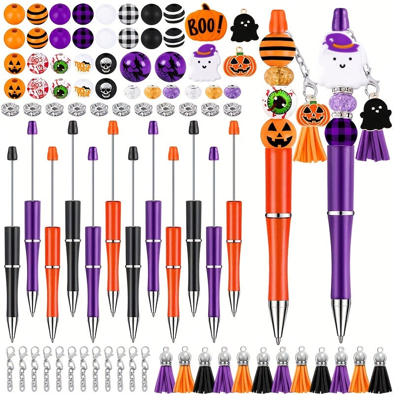 TEMU 90pcs Halloween Beadable Pens Set Includes 12 Plastic Bead Pens, 32 Wood Beads, 18 Spacer Beads, 12 Tassels, 12 Lobster Clasp, 2 Silicone Beads,