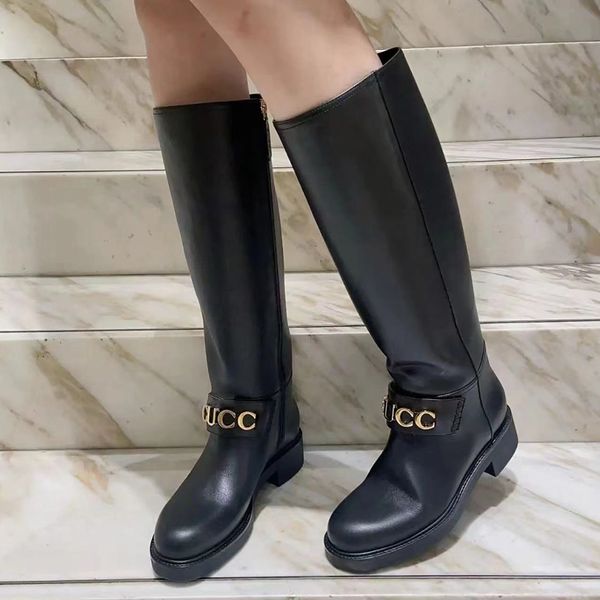 Full Grain Leather low heel Knee-High Boots calfskin round toe Letter buckle side zipper Knight booties women&#039;s outdoor shoes luxury de