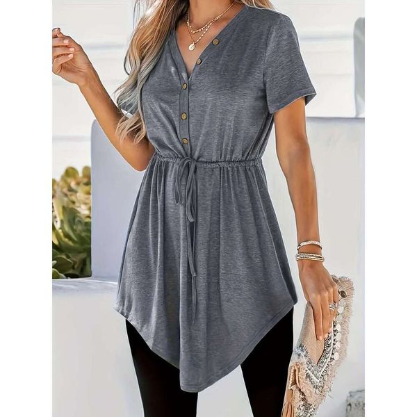 Large size irregular hem belt casual V-neck short sleeved top, women&#039;s large-sized clothing