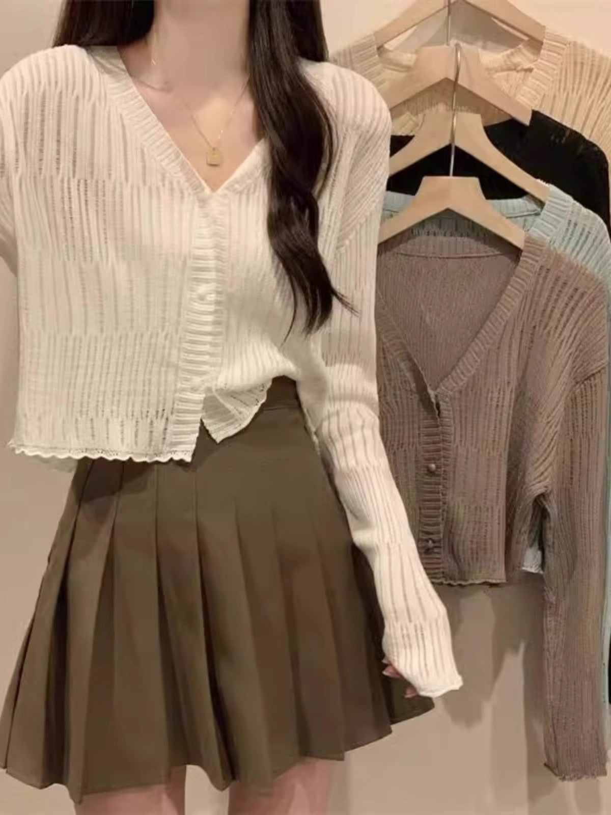 K1164 White V-neck hollow sunscreen ice silk knitted cardigan jacket women&#039;s summer shawl suspenders outerwear short top