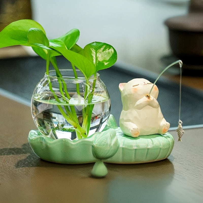 TEMU Cute Frog Fishing Hydroponic Vase - Ceramic, 2 Styles , , Ideal For Office Desk And Home Decor, Perfect Gift For Her-him, Garden Decoration,