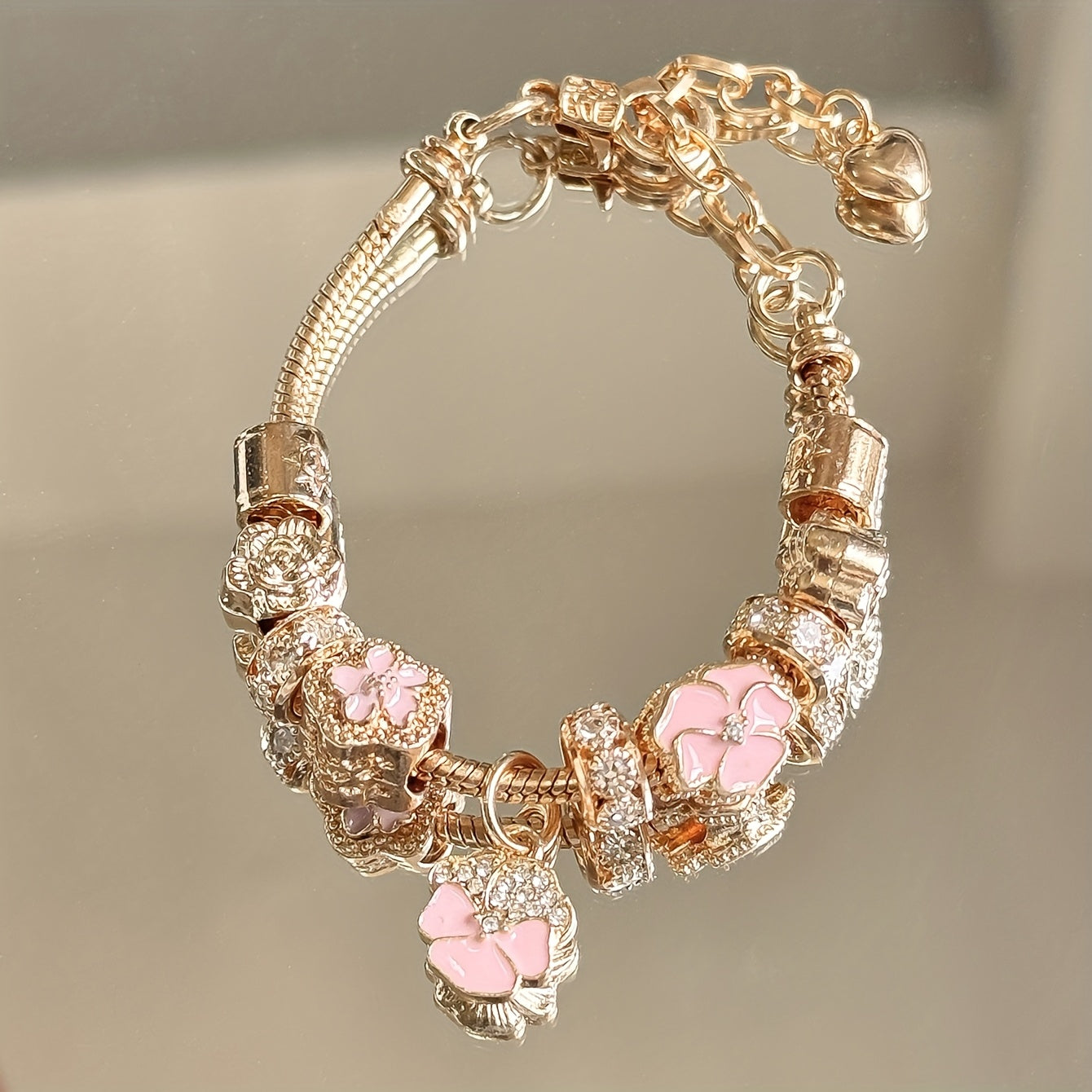 TEMU 1pc Y2k Charm Bracelet - Cute Beaded Jewelry With Heart & Floral Charms, Sparkling Rhinestones, Iron Chain For Women, Casual Attire, Accessory