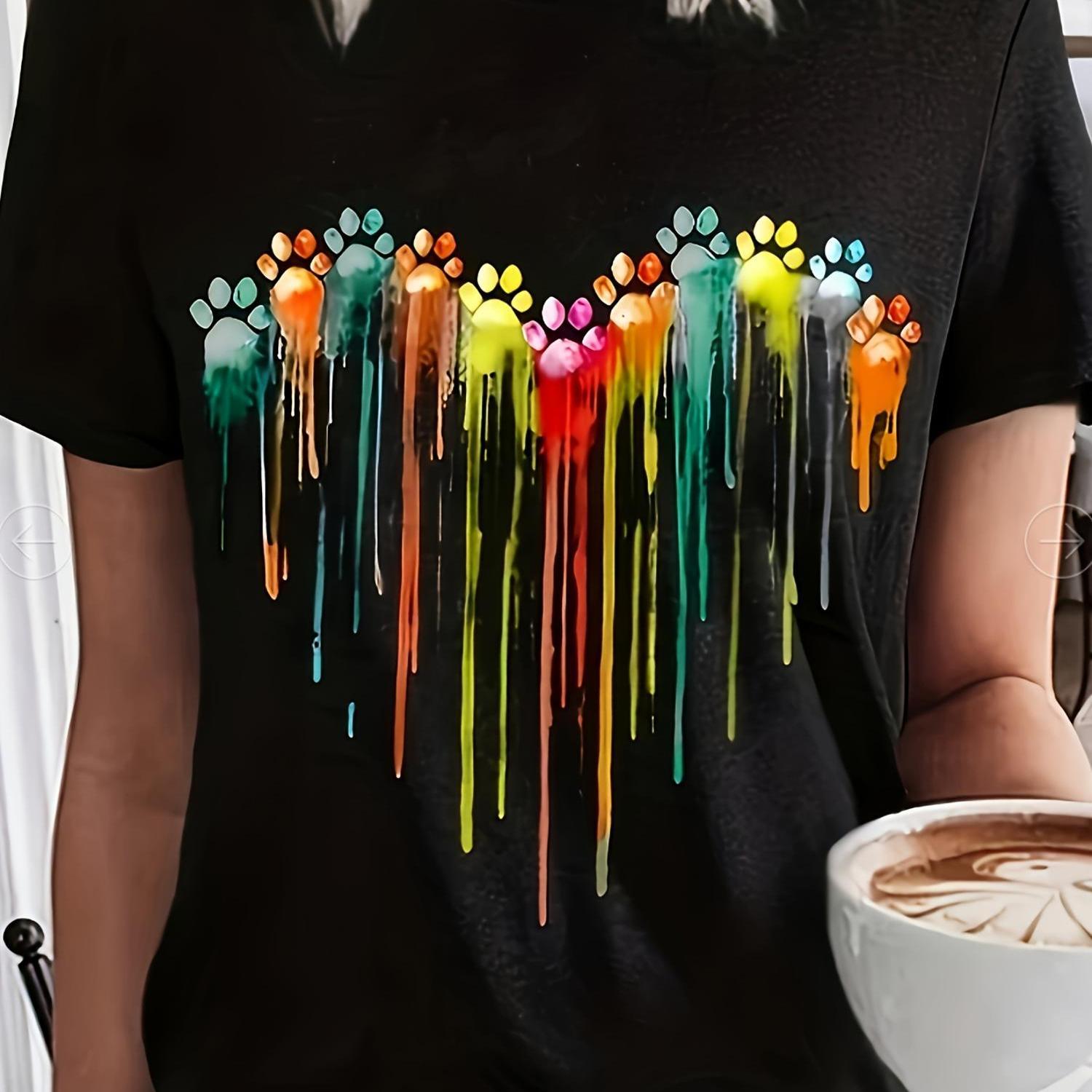 TEMU Women's Colorful Heart Print Crew Neck T-shirt – Artistic Paw & Drip Design, Casual Short Sleeve Tee For , Casual Wear Tee | Print Shirt |