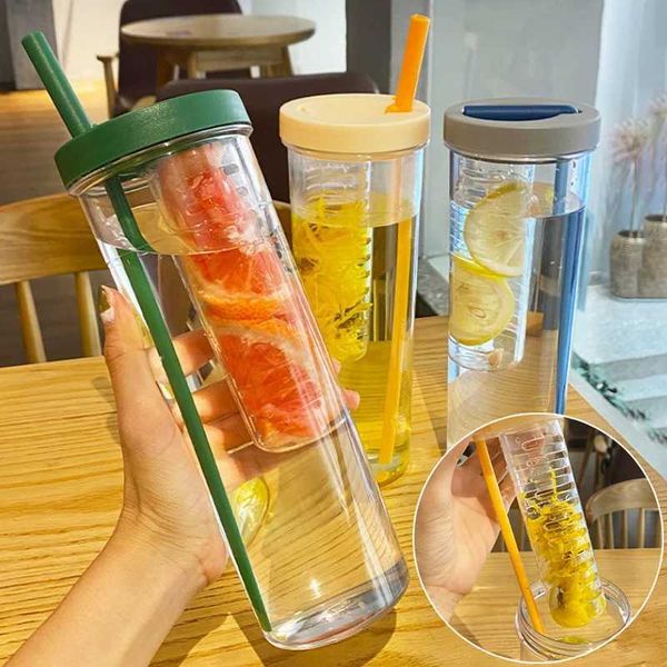 Plastic Water Bottle Portable With Straws Fruit Infuser Tea Juice Cup Fitness Sport Outdoor Travel Bottles Kettle TransparentXJ241026