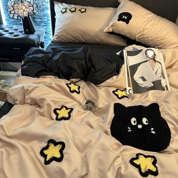 2x2.3M Cartoon Embroidery Bedding Set 4pcs Cute Blue Bed Linen for Kids and Teens