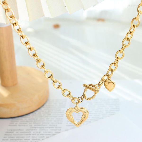 Pendant Necklaces Golden Stainless Steel Heart Necklace Statement Metal Texture Geometric Chain Collar Choker Women Anniversary Gifts