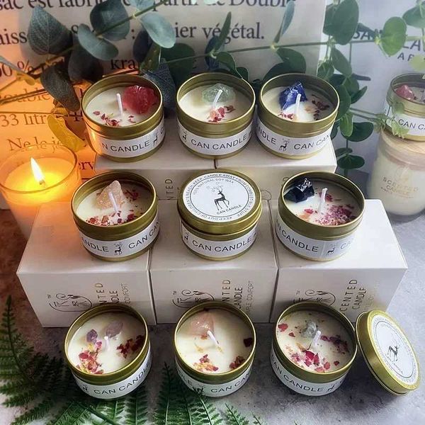 Golden Tin Box Aromatherapy Candles Crystal Salt Stonedried Flower Scented Soy Wax Smokeless Candle Home DecorationC241214