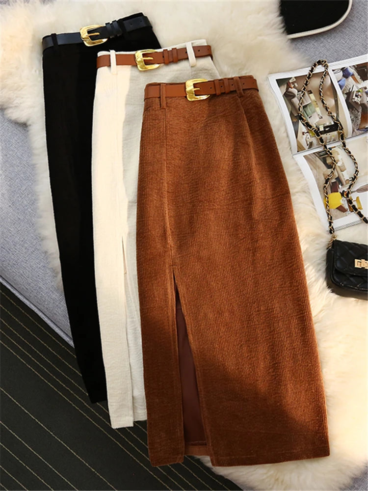 Autumn Winter Corduroy Women&#039;s Skirts with Belted 2023 New High Waist Straight Classic Front Split Skirts Ladies Female