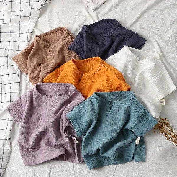 T-shirts 2023 Summer Childrens T-shirt Solid Girls T-shirt Short sleeved Cotton Linen Boys Top Korean Childrens Clothing 1-8Y Sportswear d24
