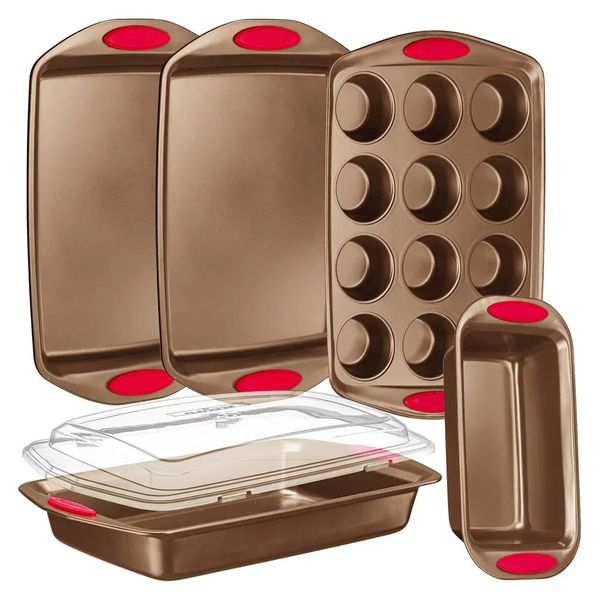 NutriChef 6Piece Baking Pan Set Flexible Nonstick Golden Coating Carbon Steel Bakeware GoldSuitable for Oven Refrigerator 240328