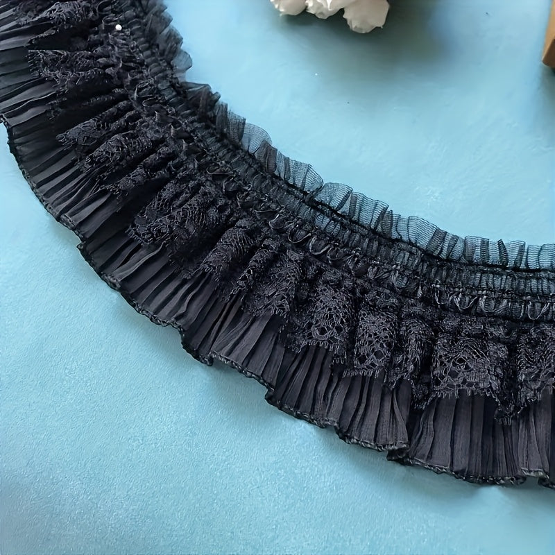 TEMU Stretch Lace Pleated Skirt Hem - 1.5 Yards X 8cm Wide, Black & White Elastic Trim For Curtains, Bedding, And Apparel Accessories