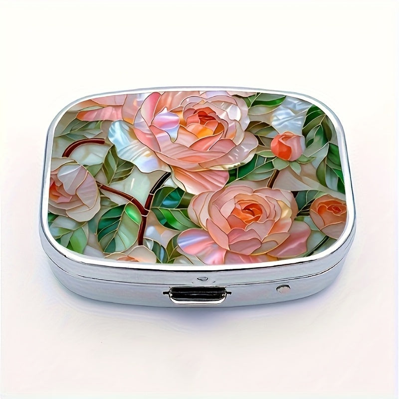 TEMU Double Compartment Pill Organizer - Travel-friendly Vitamin & Supplement Case, Food-safe Plastic-metal, With & Green Leaves, Perfect Gift For