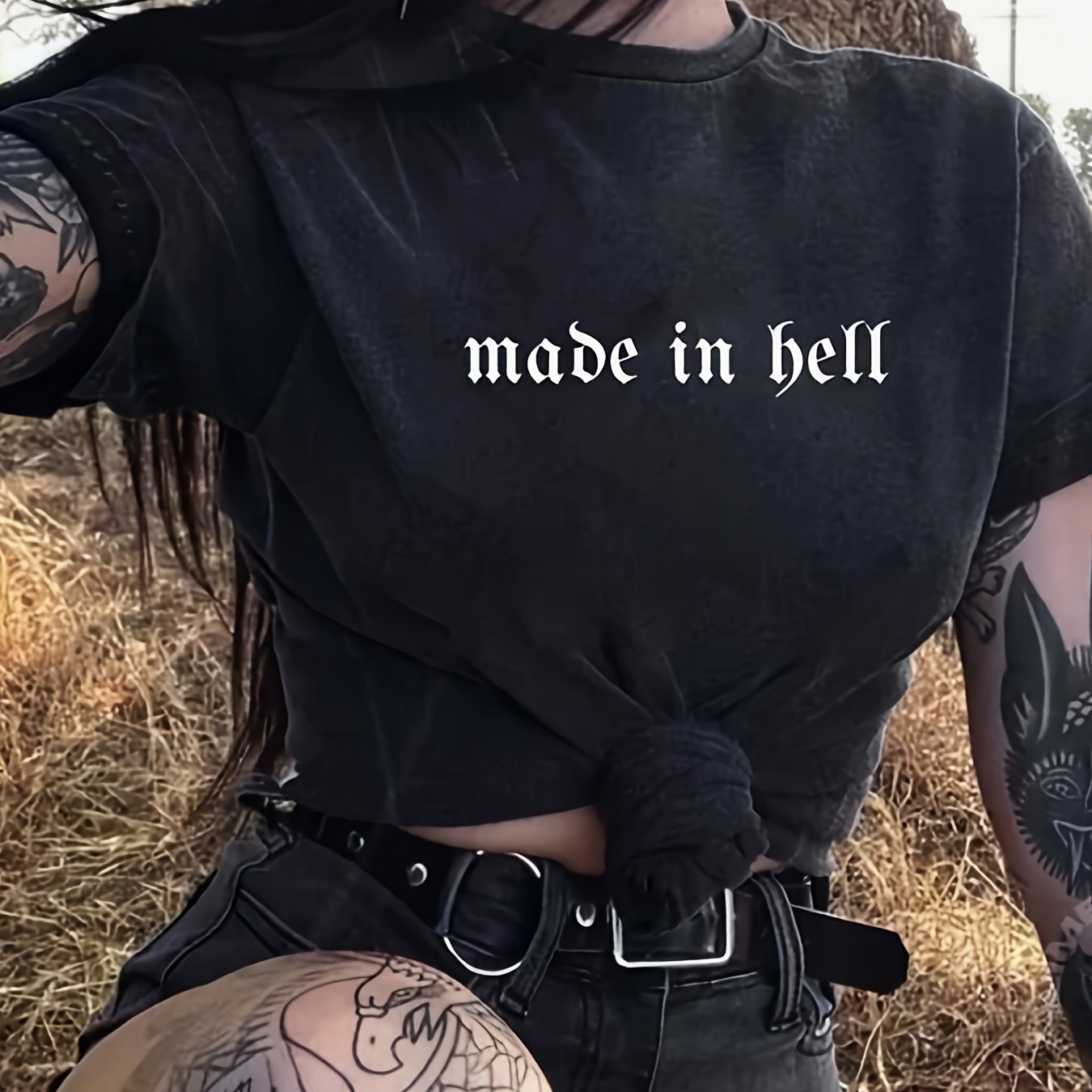 TEMU Women's "made In " Gothic Letter Print T-shirt - Black Semi-sheer Casual Crew Neck Short Sleeve Top, Machine Washable Regular , Goth T Shirt,